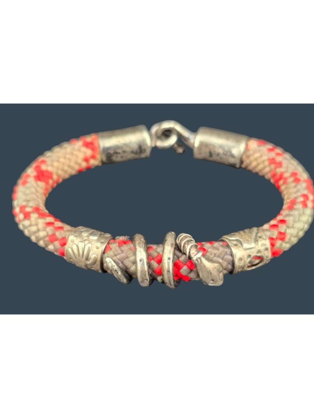 Vintage Mens Snake Red and Gray Cord Bracelet Metal Accents 6.25"